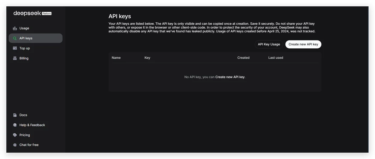DeepSeek API Keys Screen